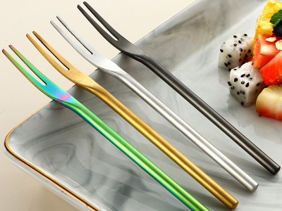 創(chuàng)意日式304不銹鋼砂光實心水果叉長柄圓柄月餅甜品蛋糕2齒水果簽