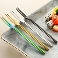 創(chuàng)意日式304不銹鋼砂光實(shí)心水果叉長(zhǎng)柄圓柄月餅甜品蛋糕2齒水果簽